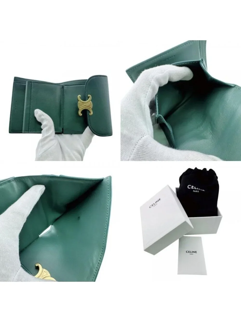 Celine Compact Wallet Small Flap Triomphe Leather Trifold Green - Picture 8 of 8